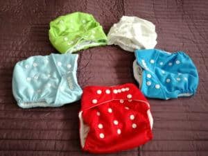 Colorful pocket style cloth diapers.