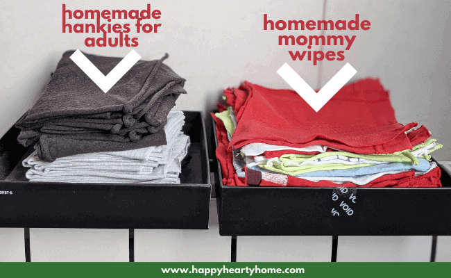 homemade hankies and mommy wipes in boxes