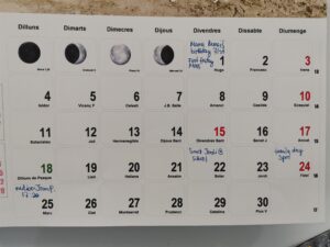 A family calendar with few schedules.
